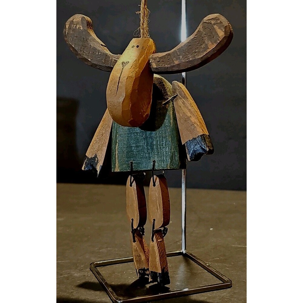 Primitive Wood Moose Ornament 7" Jointed Articulated Carved Rustic Folk Art